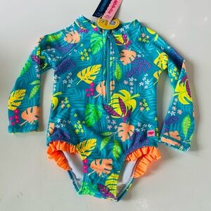 Toddler Long-Sleeve Rashguard One-Piece Swimsuit - Teal Tropical